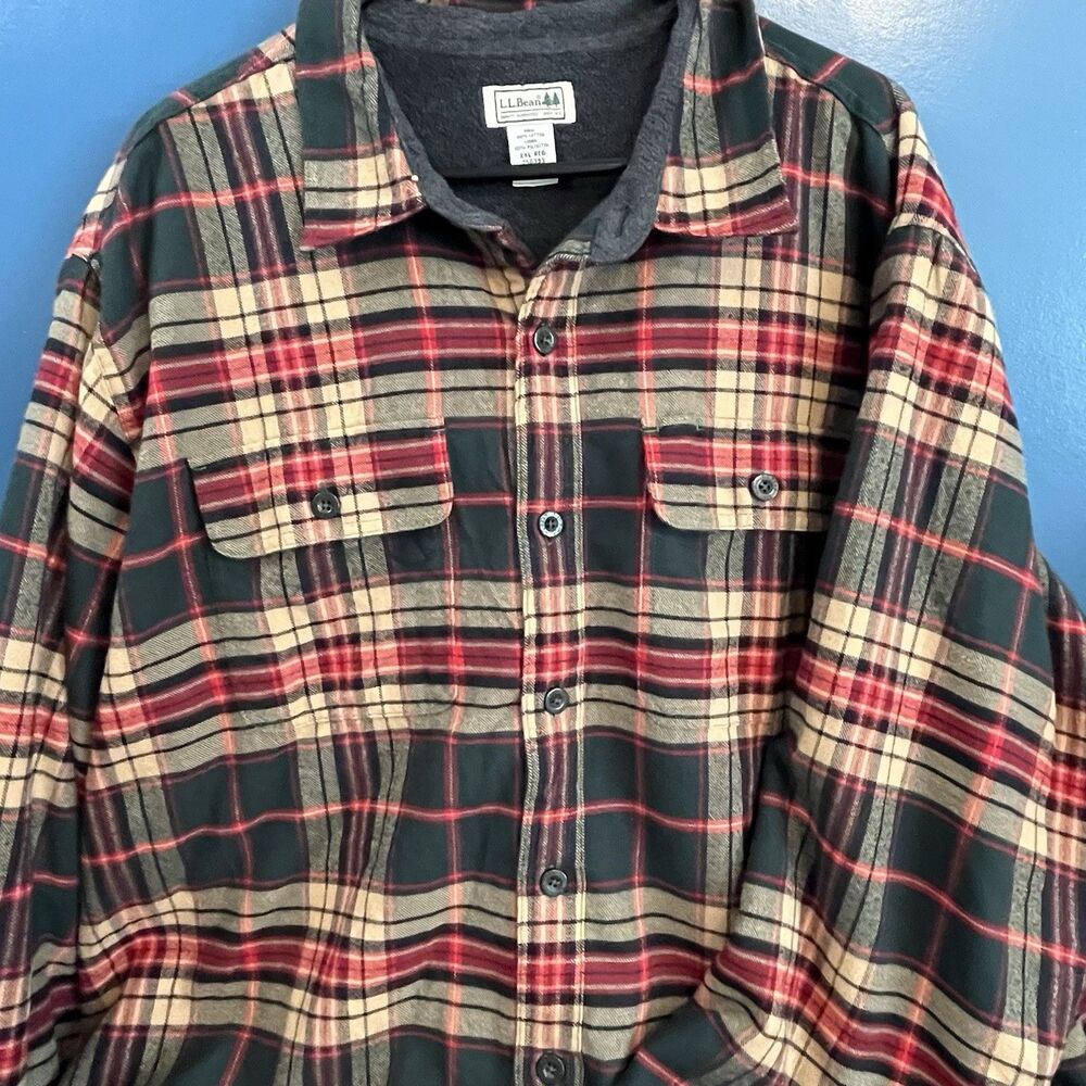 LL Bean Mens Jacket Fleece Lined Plaid Flannel Button Down Heavy Shacket Sz XXL